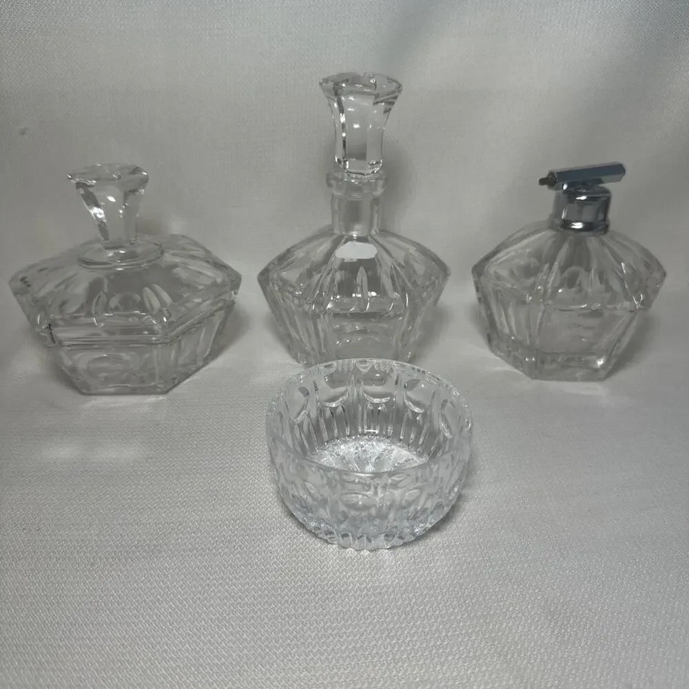 4 Pc Vintage Crystal Vanity Set Art Deco Bowl Bottle Decanter Starburst